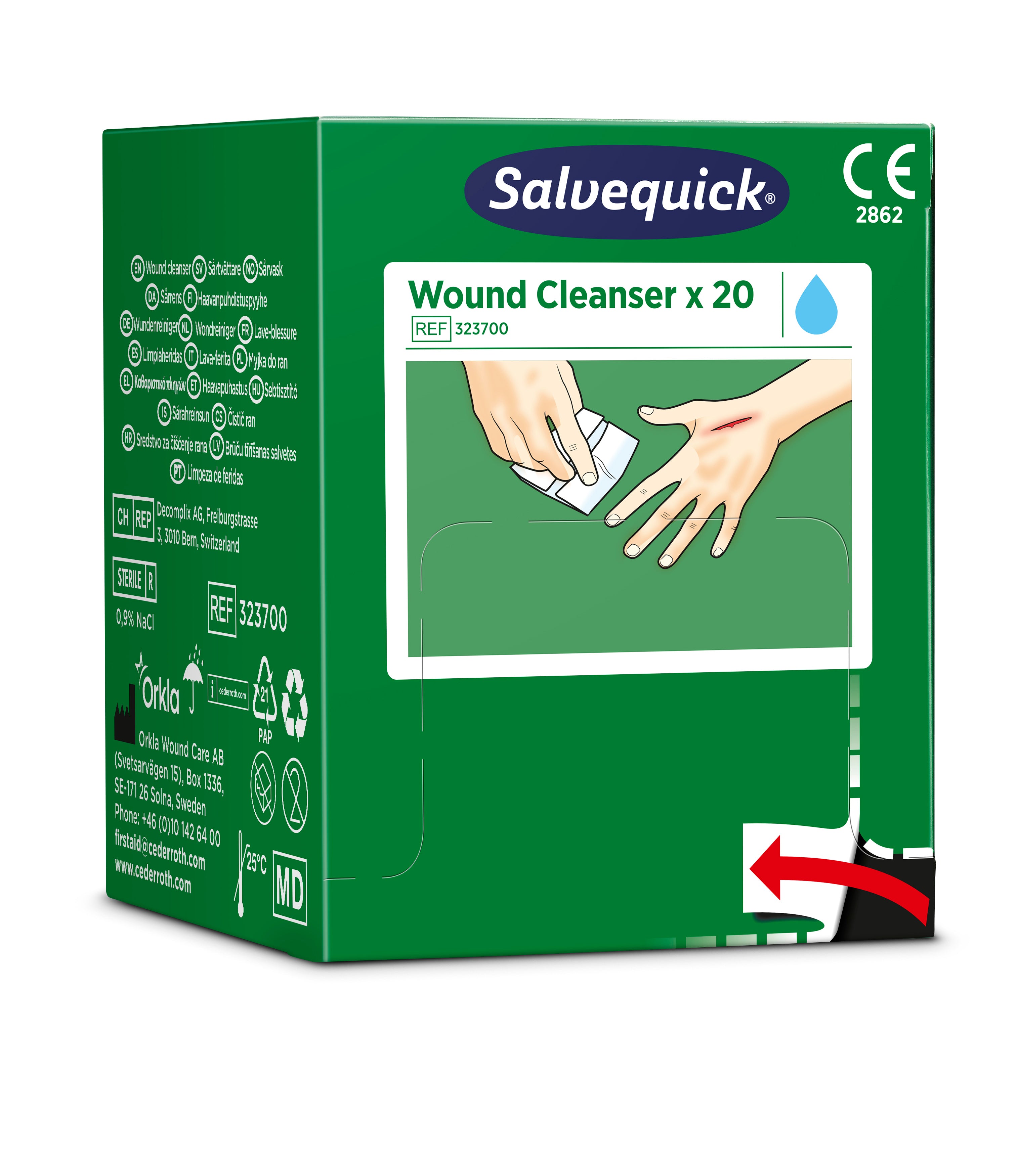 Cederroth - Lingette lave blessures Salvequick (0,9% NaCl, sterile), 20 lingettes
