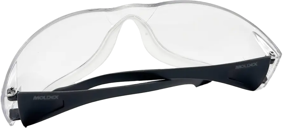 Lunettes Moldex ADAPT 2K vues de face, oculaire panoramique incolore et branches grises dépliées