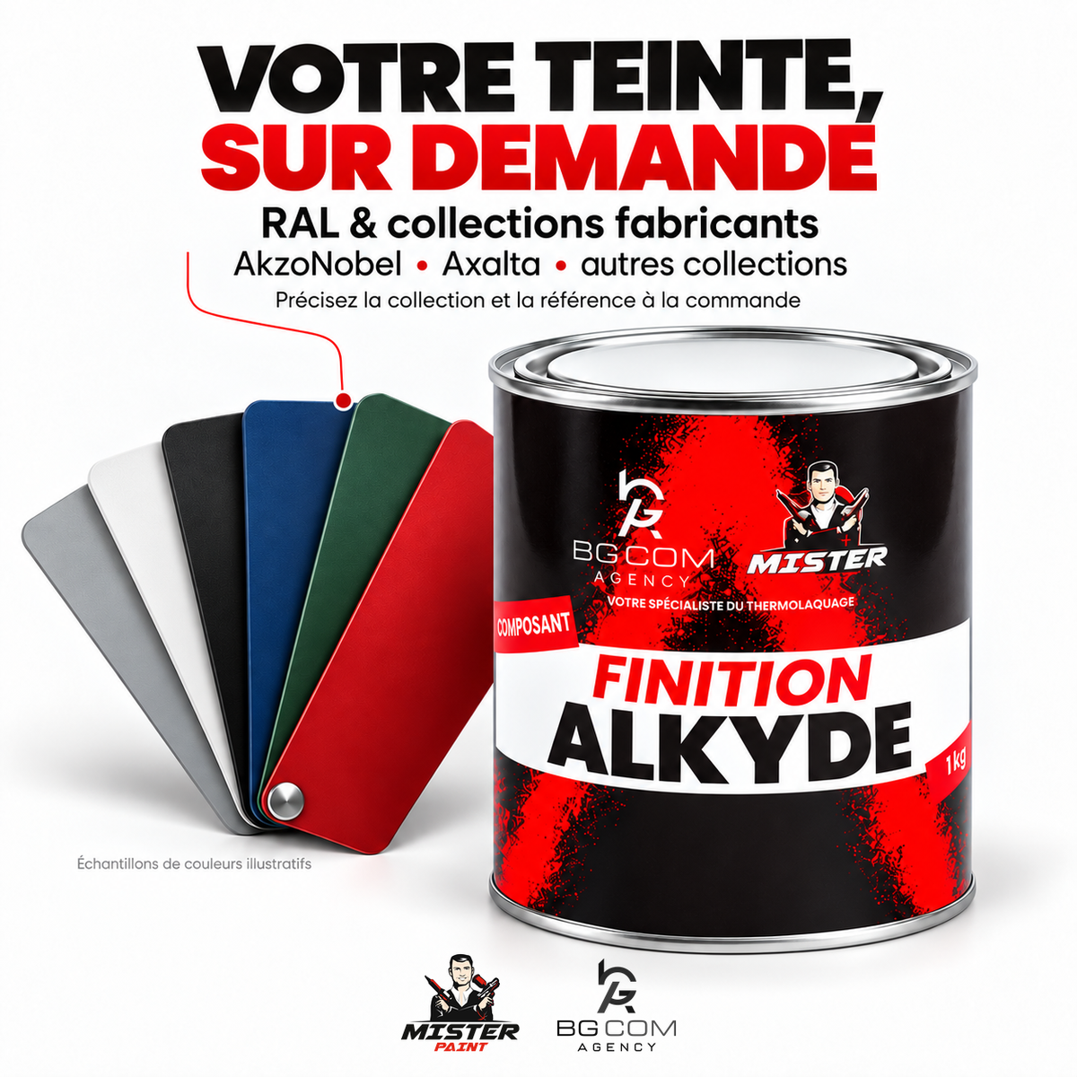 Finition alkyde : teintes RAL et collections fabricants AkzoNobel, Axalta et autres sur demande