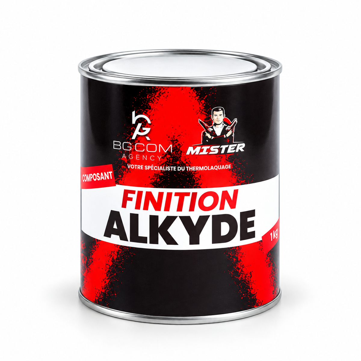 Finition alkyde mono-composant Mister Paint, bidon 1 kg sur fond blanc