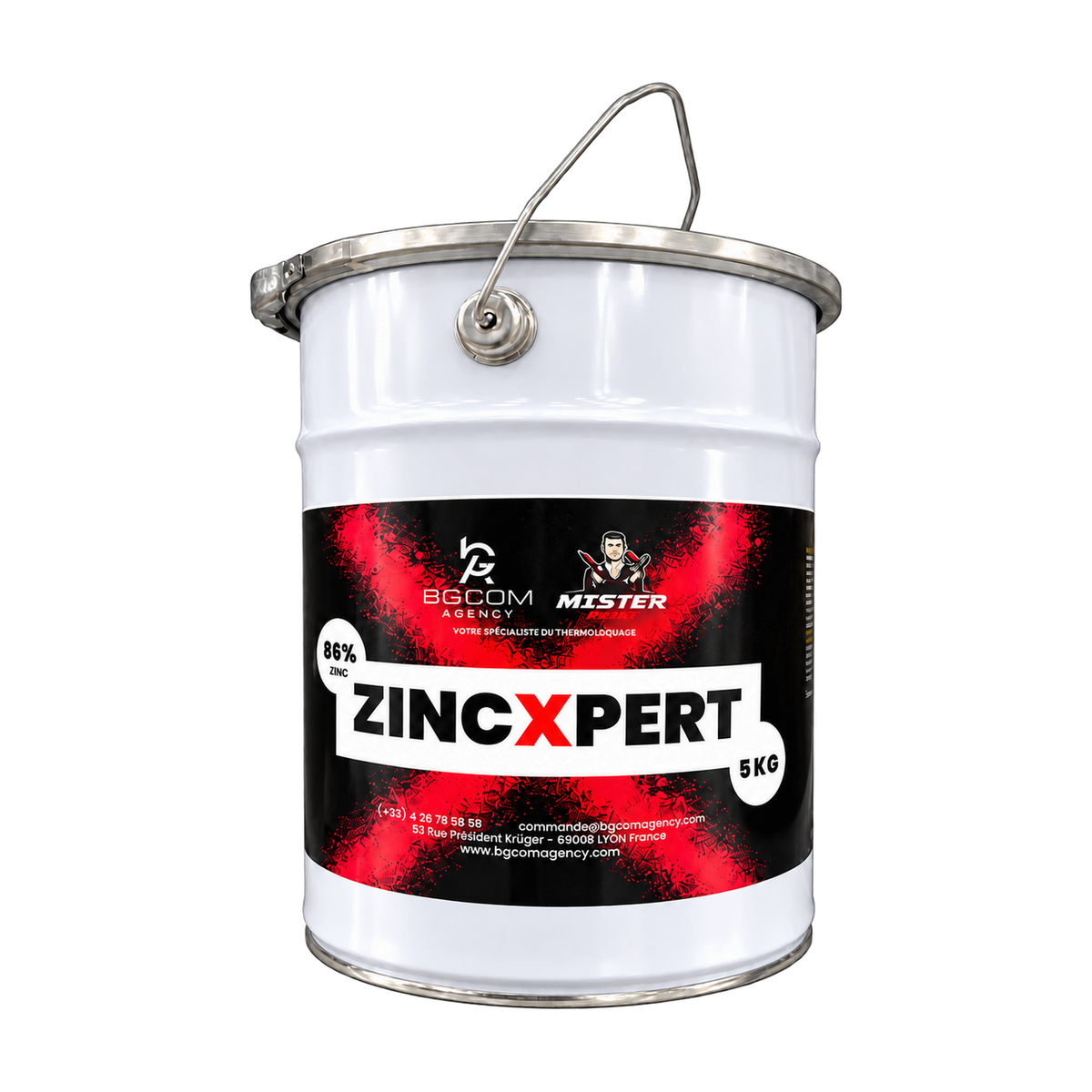 ZincXpert gris 86 % zinc, seau de 5 kg, sur fond blanc