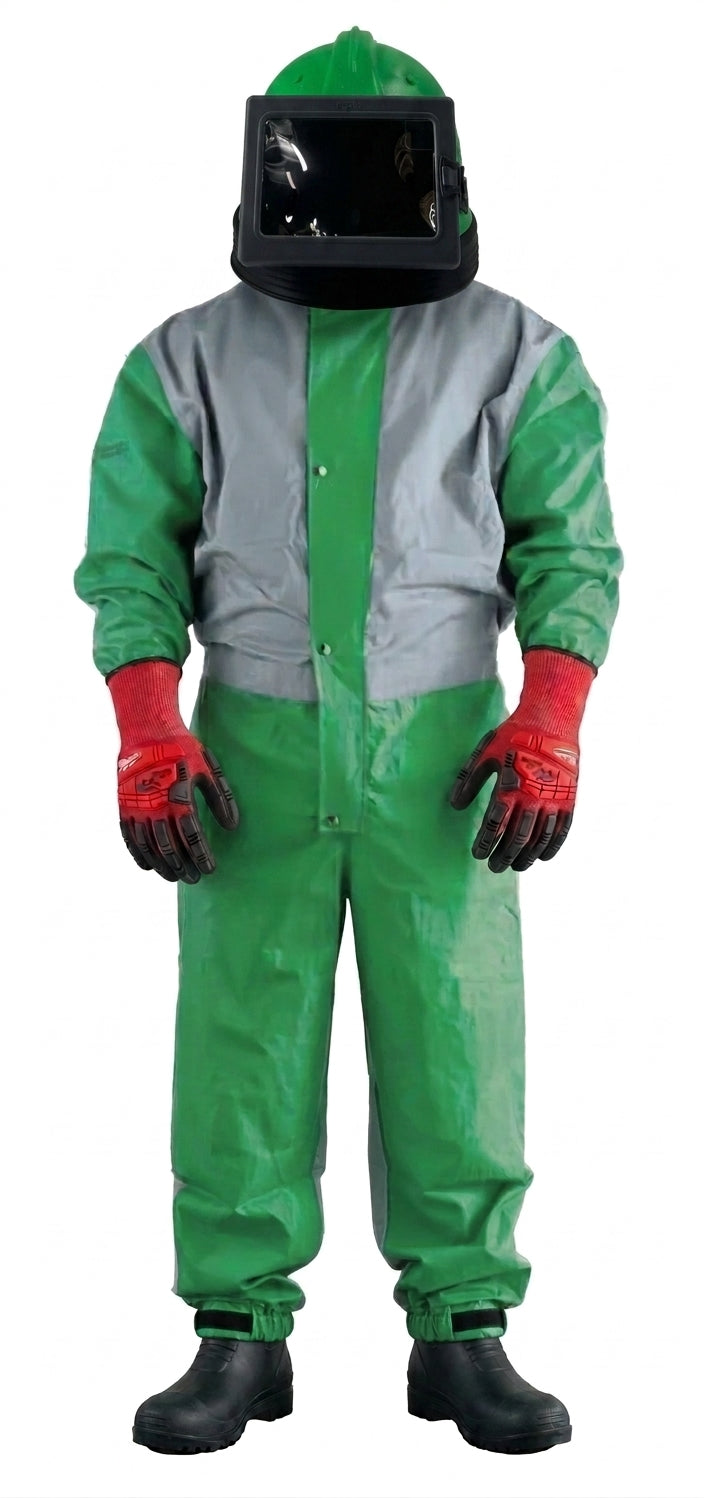 Opérateur équipé du kit complet de sablage : casque Astro, combinaison renforcée, gants anti-choc et bottes de sécurité