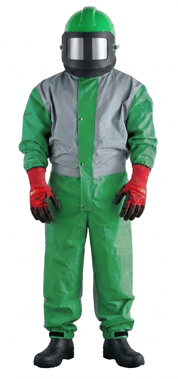 Opérateur équipé du kit complet de sablage : casque NOVA 2000, combinaison renforcée, gants anti-choc et bottes de sécurité