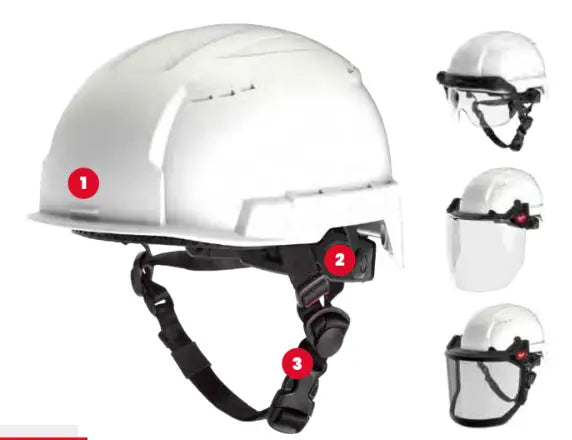 Casque de sécurité Milwaukee BOLT 200 blanc avec sangles réglables et visière protectrice