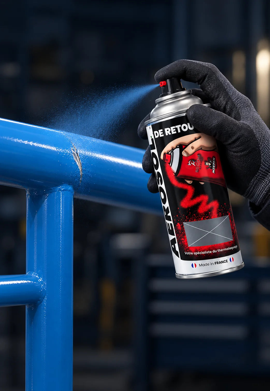 Aérosol de retouche Mister Paint pulvérisé sur une rampe thermolaquée bleu RAL 5015