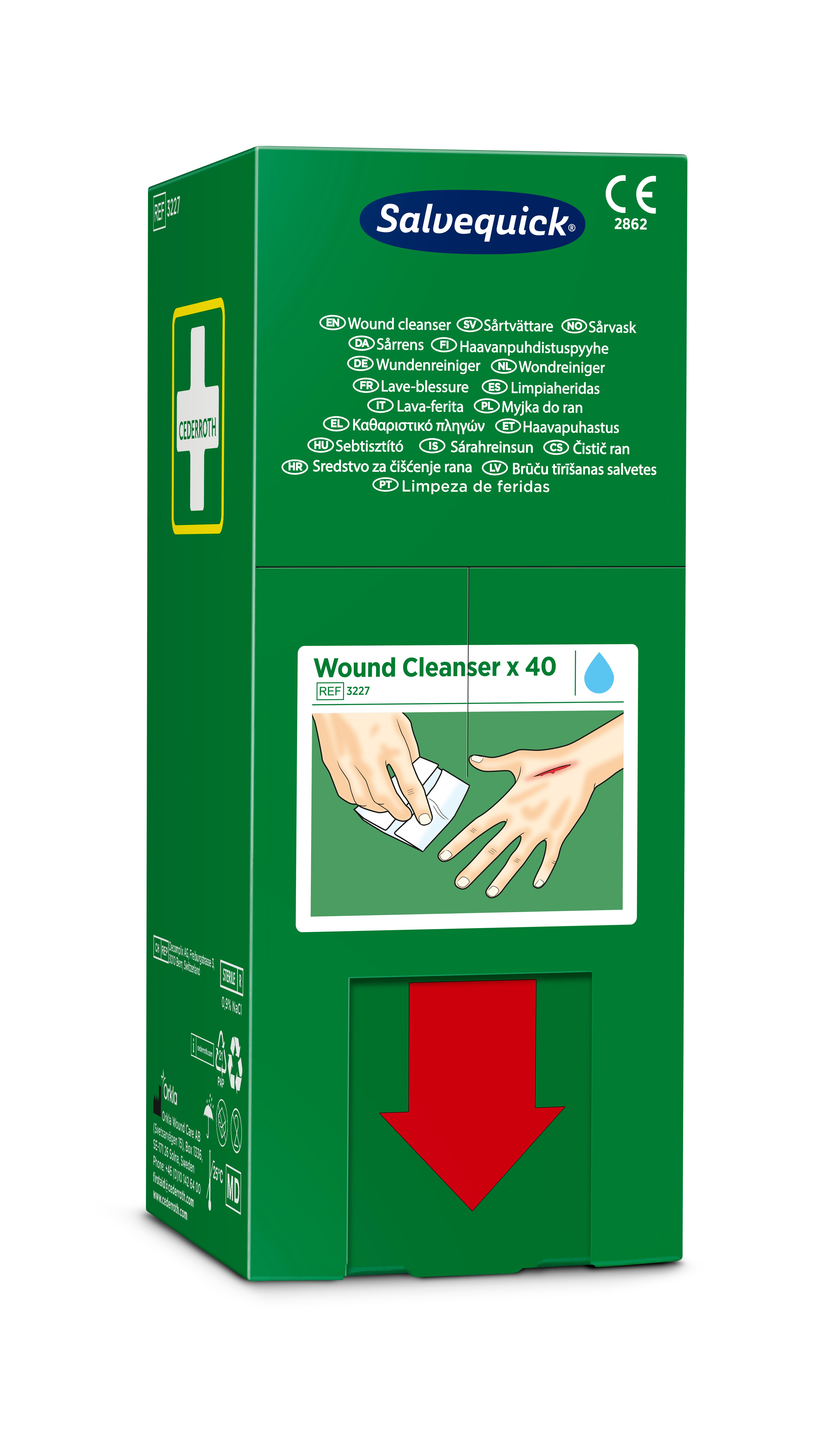 Cederroth - Lingette lave blessures Salvequick (0,9% NaCl, sterile), 40 lingettes