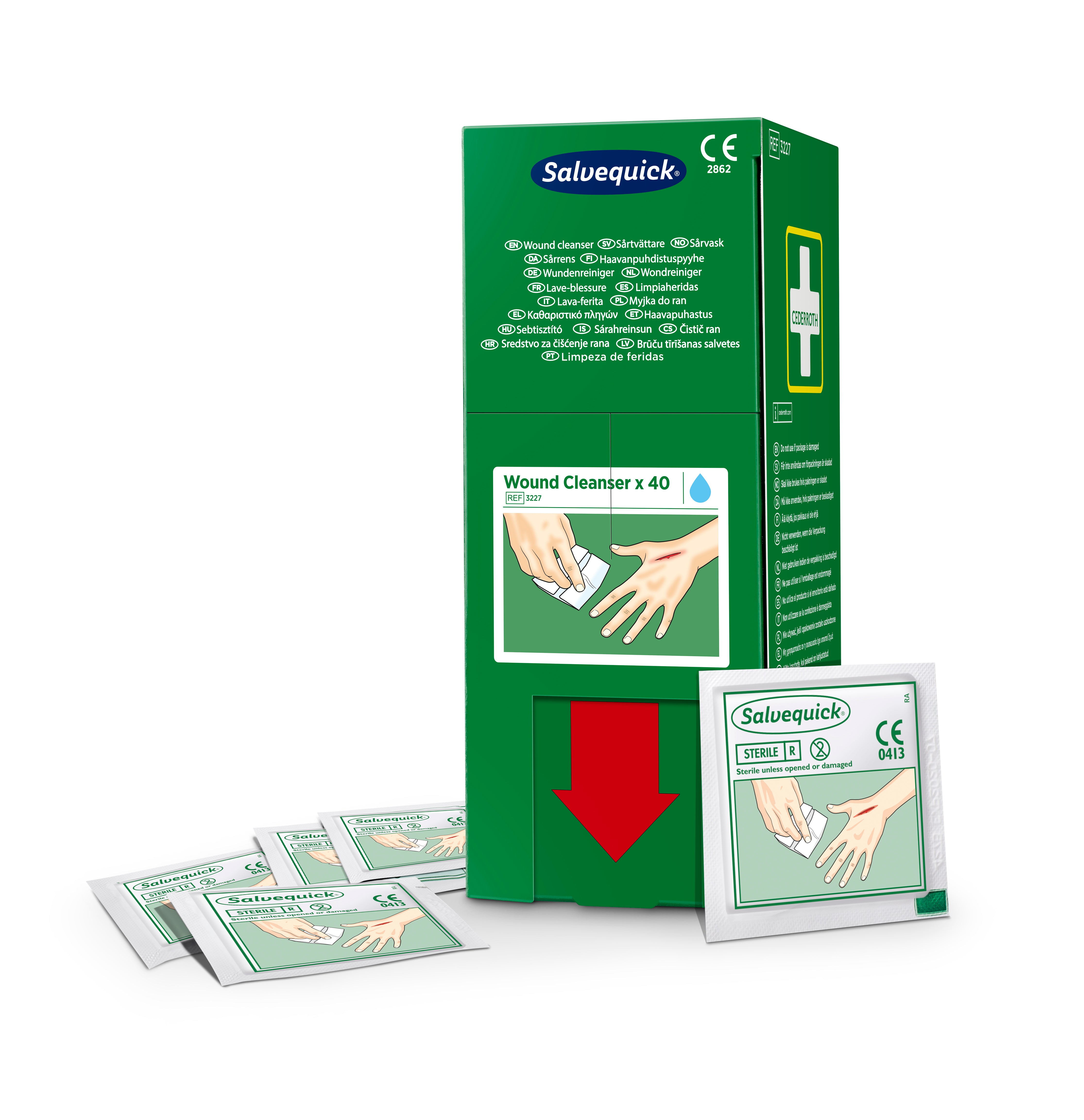 Cederroth - Lingette lave blessures Salvequick (0,9% NaCl, sterile), 40 lingettes