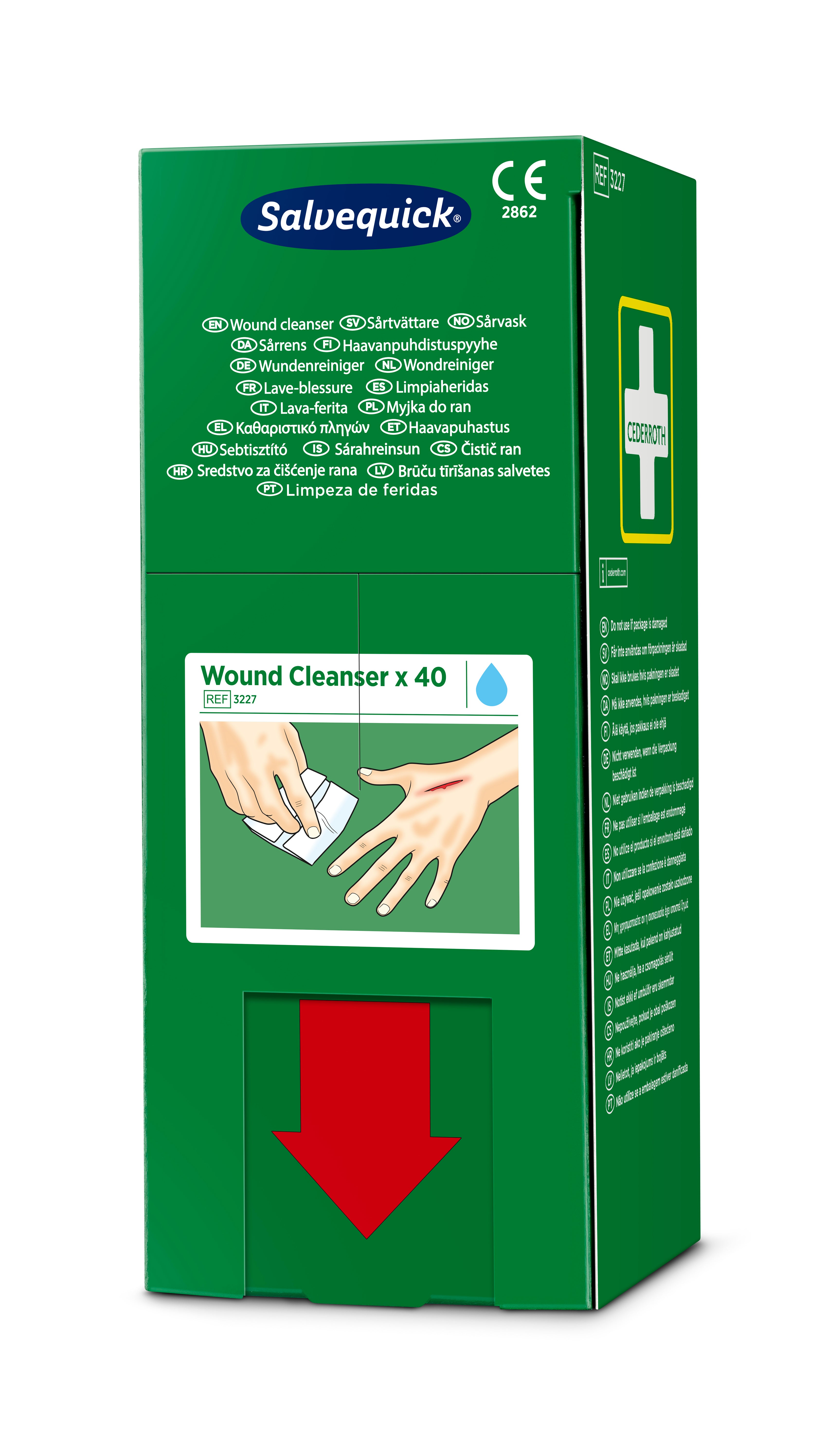 Cederroth - Lingette lave blessures Salvequick (0,9% NaCl, sterile), 40 lingettes