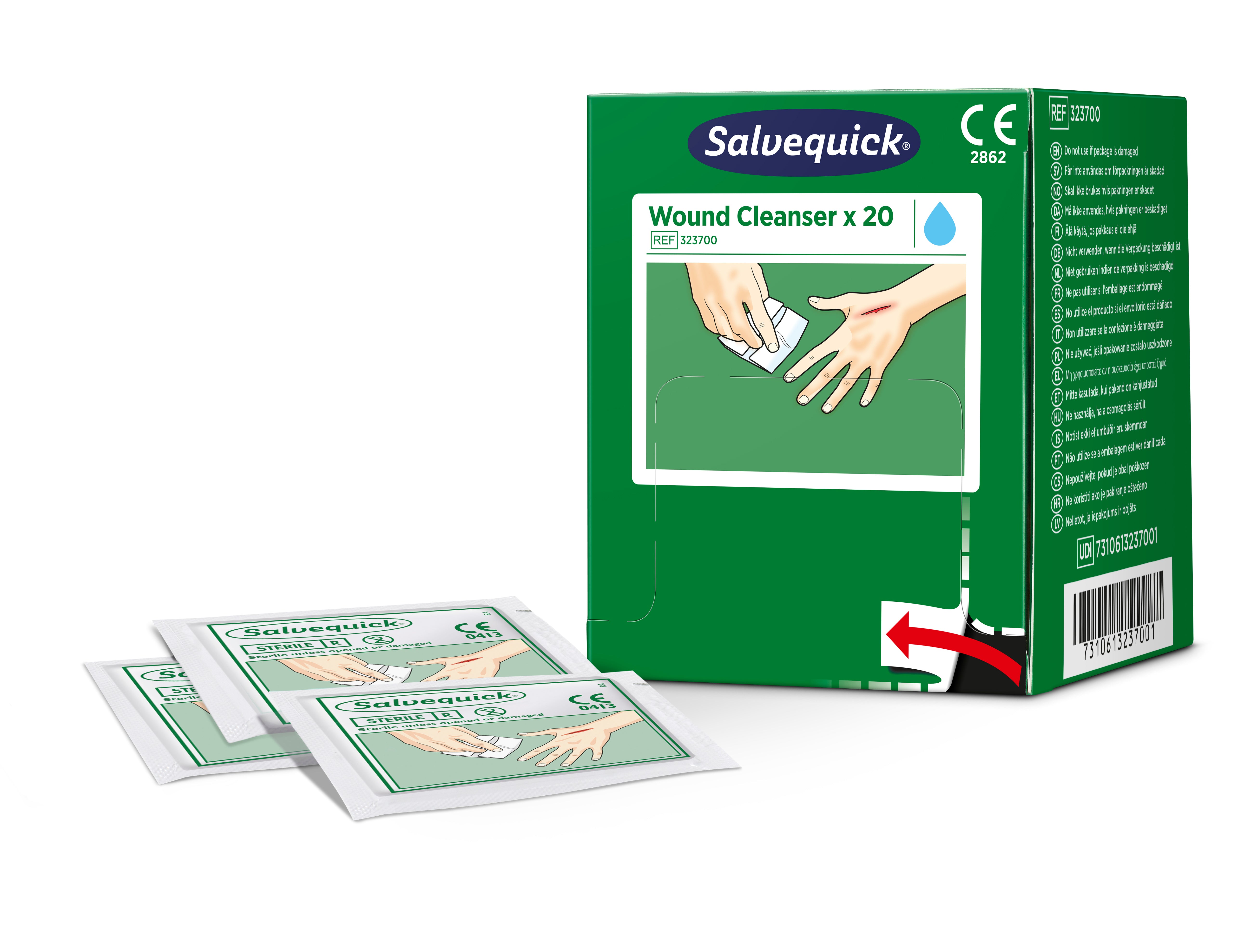 Cederroth - Lingette lave blessures Salvequick (0,9% NaCl, sterile), 20 lingettes
