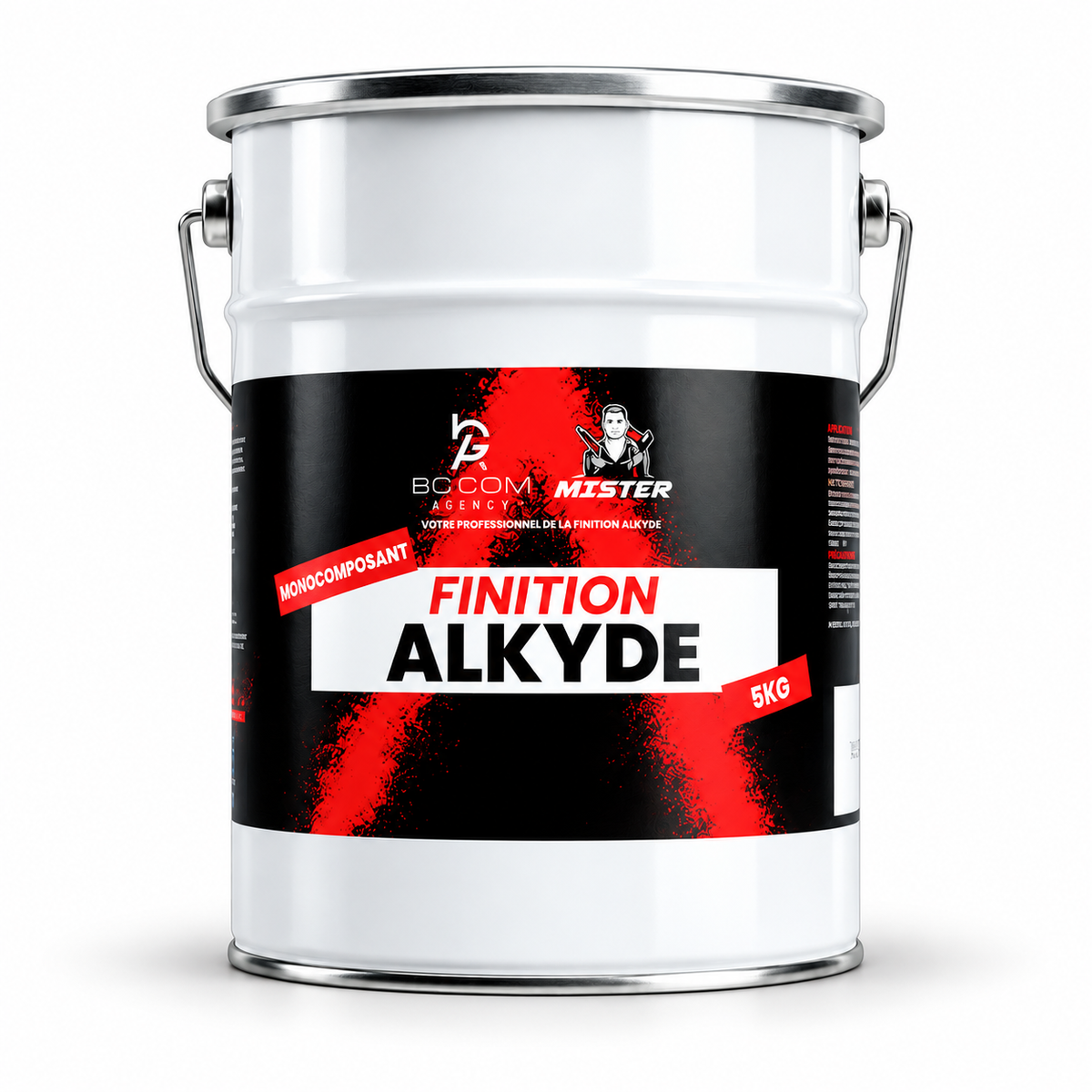 Finition alkyde mono-composant Mister Paint, seau 5 kg sur fond blanc