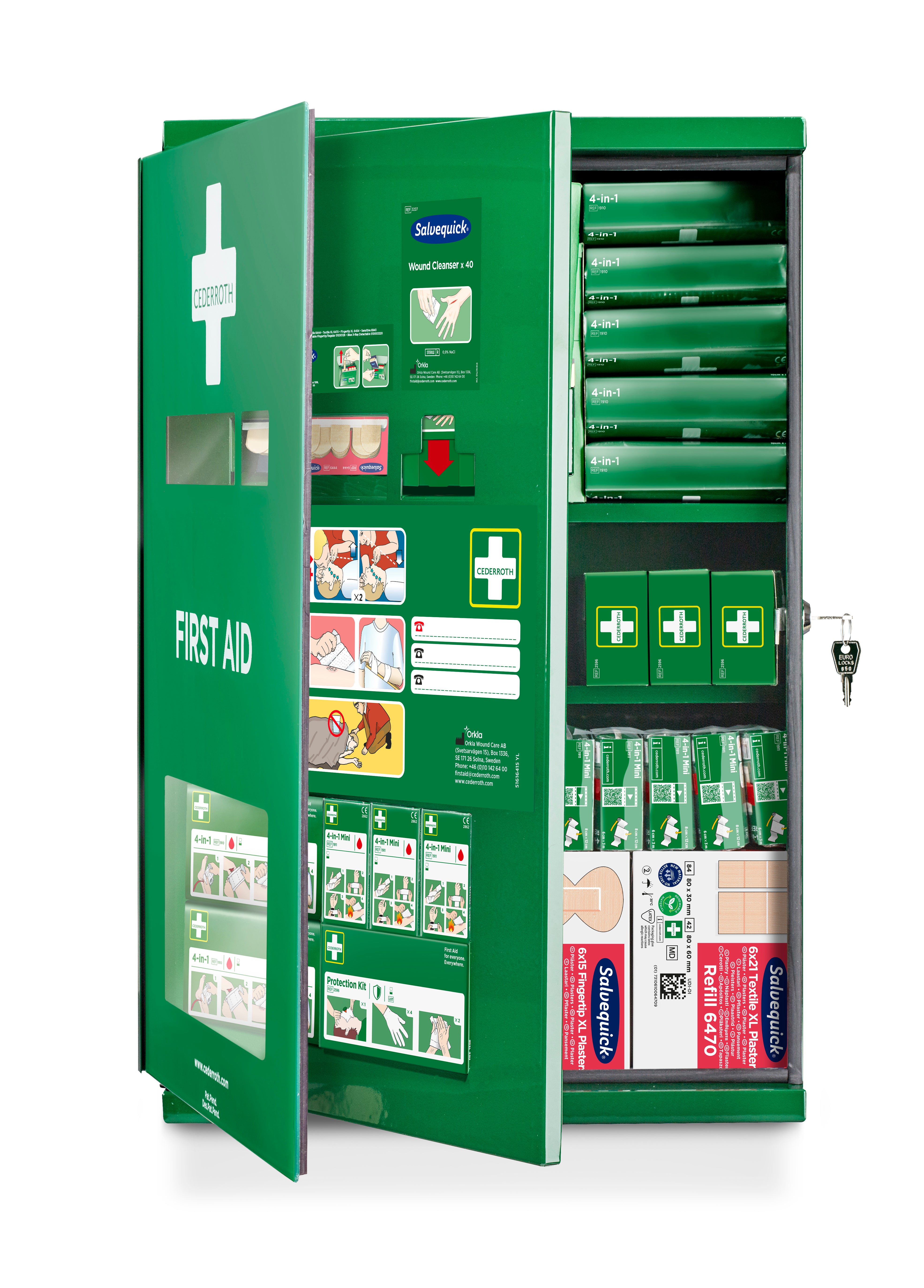 Cederroth trousse de secours murale verte ouverte avec matériel de premiers soins complet et serrure