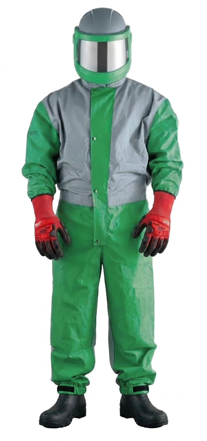 Opérateur équipé du kit complet de sablage : casque NOVA 3, combinaison de sablage renforcée, gants anti-choc et bottes de sécurité