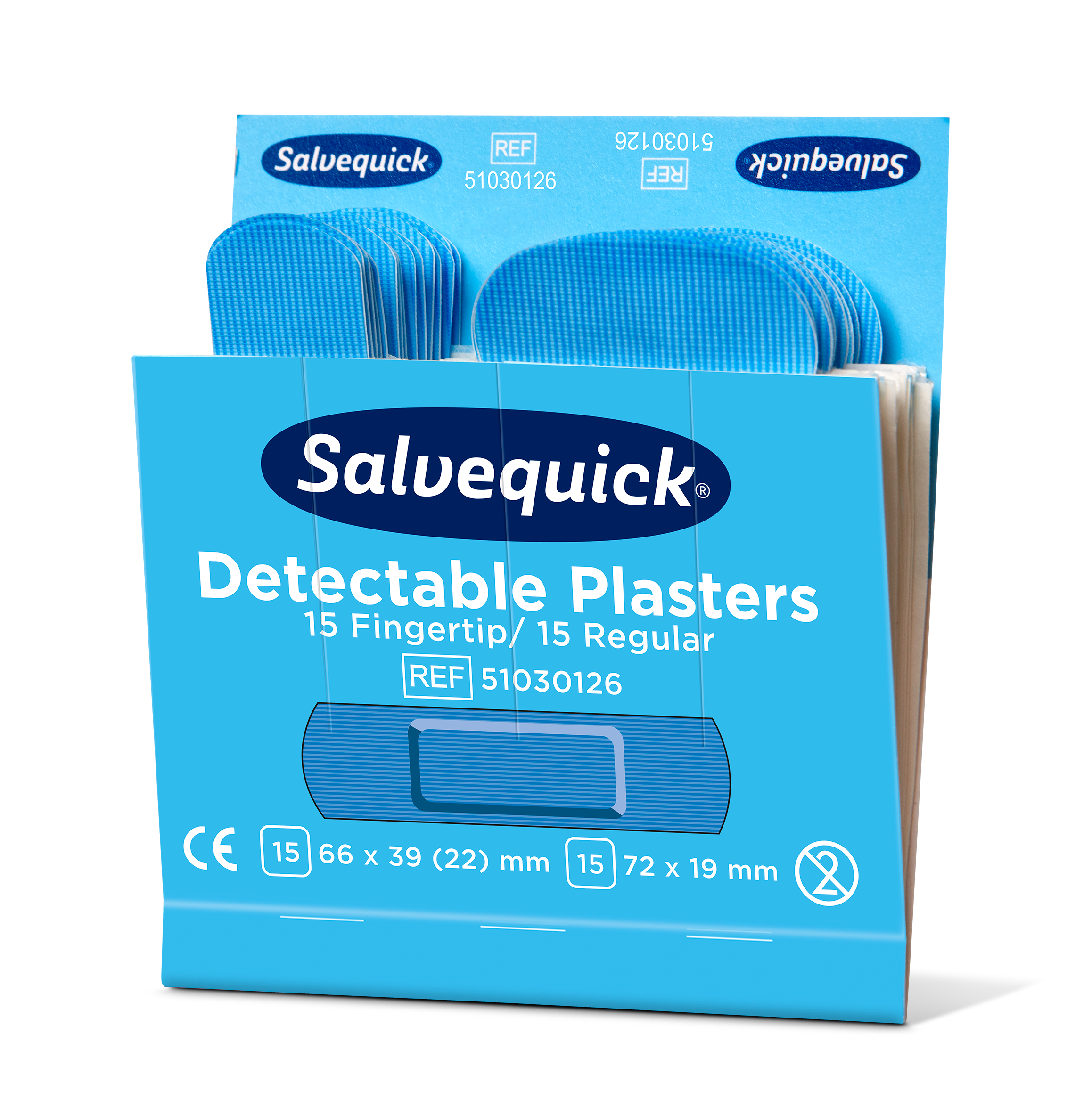 Boîte de pansements détectables Salvequick avec 15 tailles doigt et 15 tailles régulières