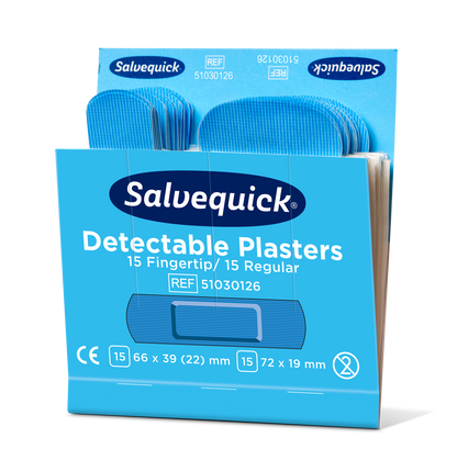 Boîte de pansements détectables Salvequick avec 15 tailles doigt et 15 tailles régulières