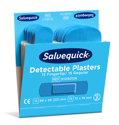 Boîte de pansements détectables Salvequick avec 15 pansements doigts et 15 pansements standards