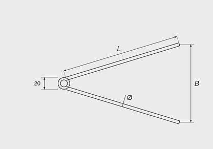 Schéma technique du crochet en ressort : cotes L (longueur de branche), Ø (diamètre du fil) et B (ouverture), boucle de 20 mm