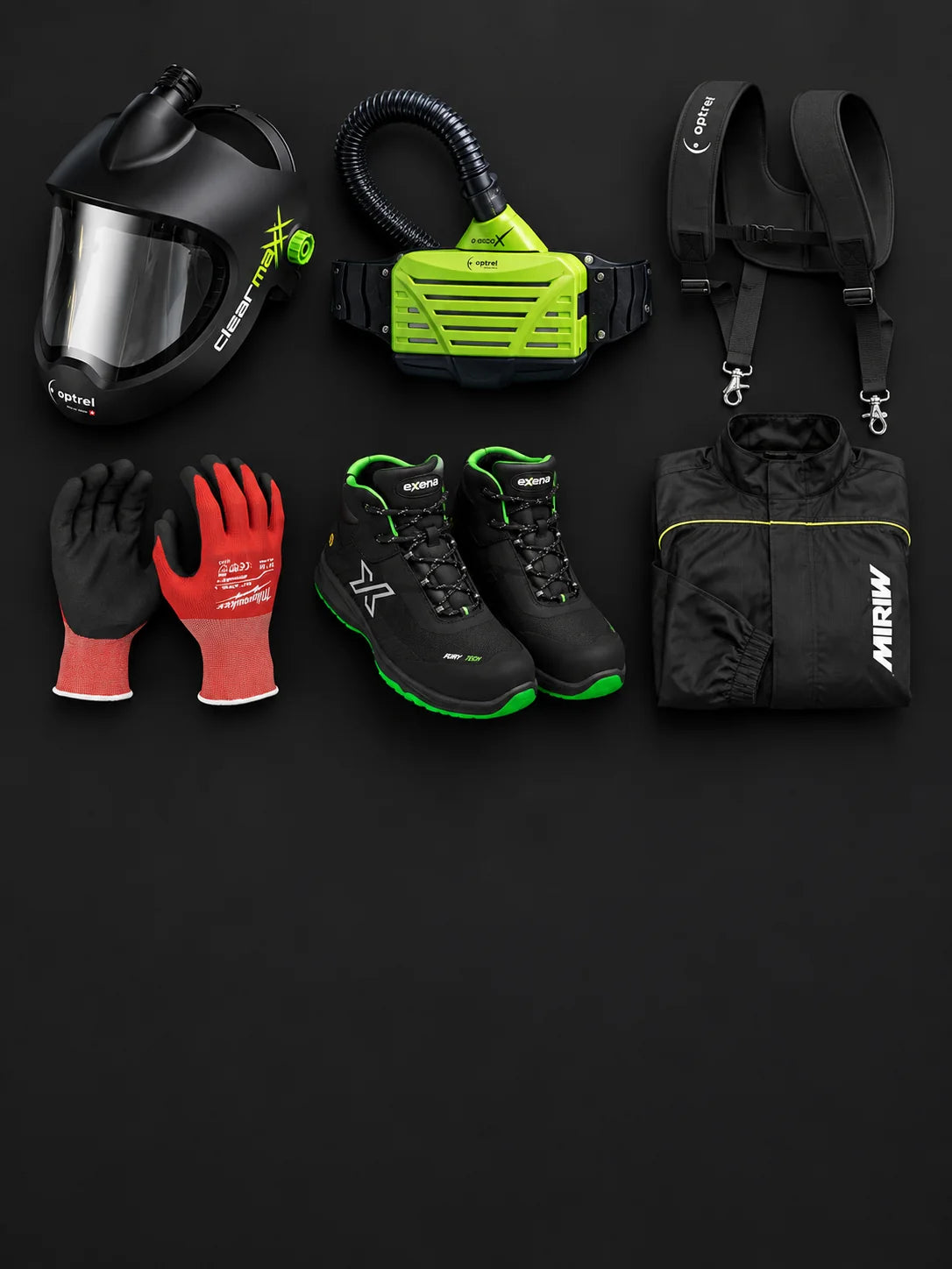 Les 6 pièces du kit peintre Clearmaxx : visière, ventilation e3000X, harnais, combinaison, gants et chaussures