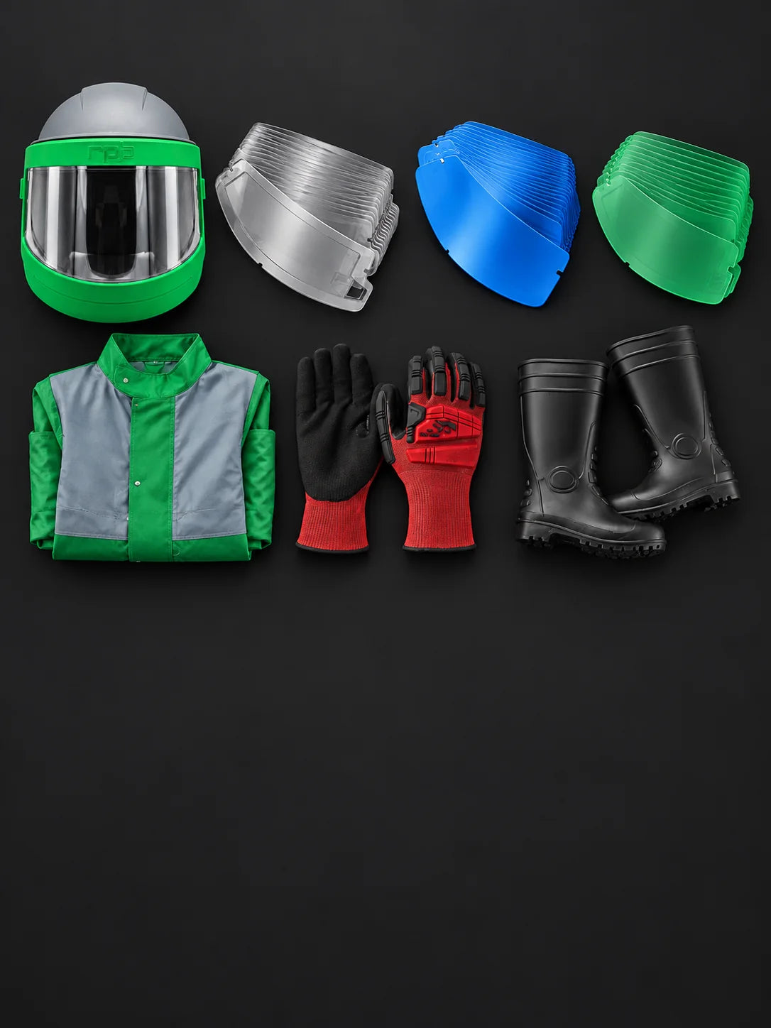 Les 7 pièces du kit sableur NOVA 3 : casque, visières extérieures, intermédiaires et intérieures, combinaison, gants et bottes