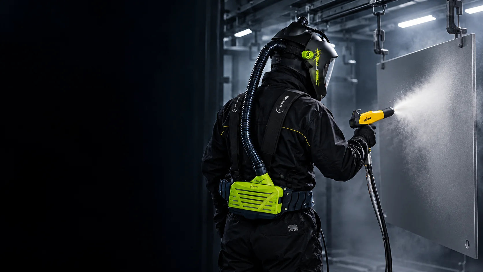 Poudreur en cabine : visière Optrel Clearmaxx, ventilation e3000X et pistolet de poudrage, pièce suspendue au convoyeur