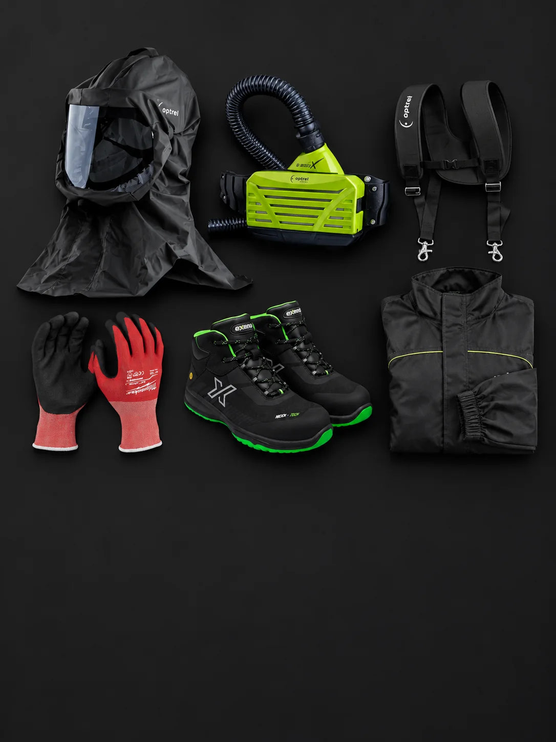 Les 6 pièces du kit peintre Softhood : cagoule, ventilation e3000X, harnais, combinaison, gants et chaussures