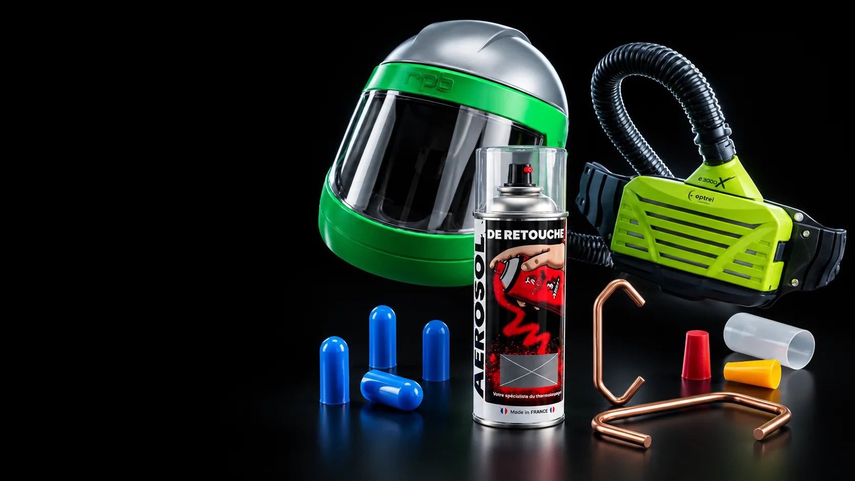 Casque de sablage NOVA 3, aérosol de retouche Mister Paint fabriqué en France, ventilation Optrel e3000X, crochet de thermolaquage, bouchons et capuchons silicone